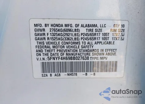 2011 Honda Pilot Ex-L из США, поврежденный, VIN 5FNYF4H69BB027638